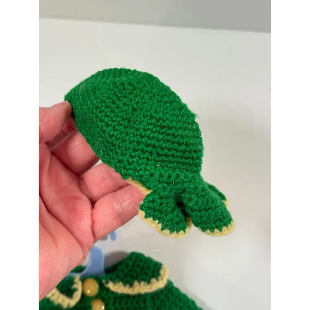 Vintage Mary Hoyer Doll Crocheted Winter Outfit Green White Trim Purse Hat
